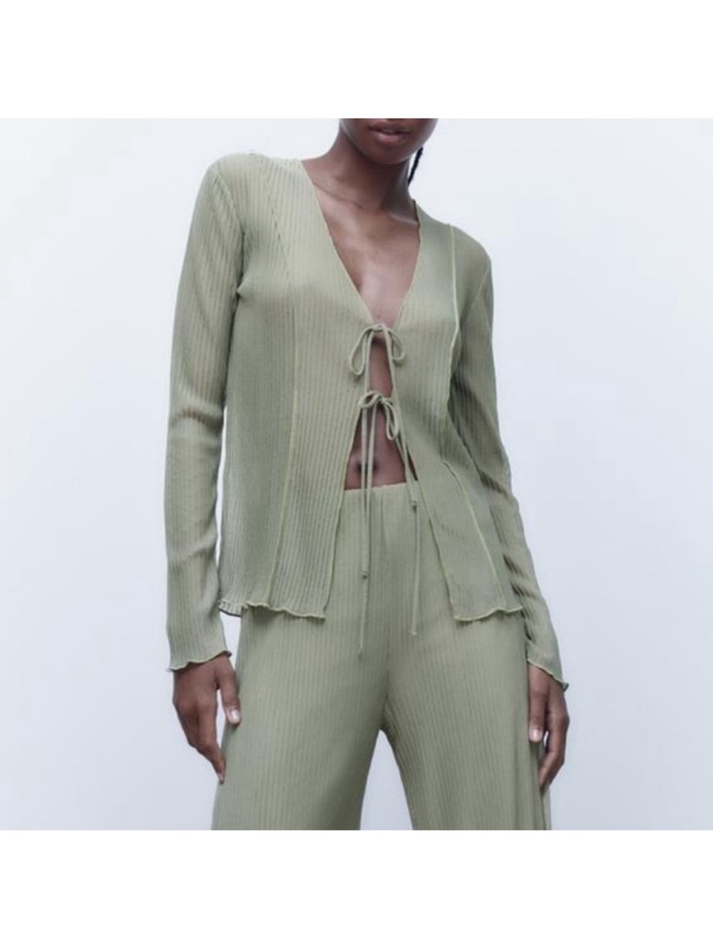 Zara Khaki Green Sheer Tie Front Pleated SET (Top and Trousers) - Large
